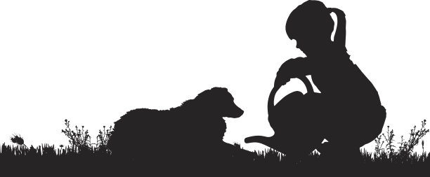 一个女孩和一只狗的矢量剪影。图片下载