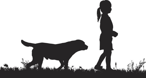 一个女孩和一只狗的矢量剪影。图片下载