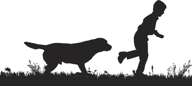 矢量剪影的一个男孩和一只狗。图片下载