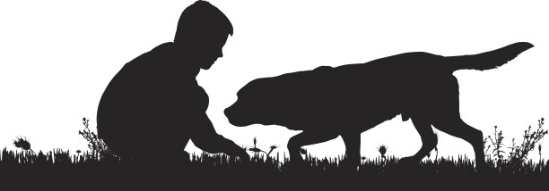 矢量剪影的一个男孩和一只狗。图片下载