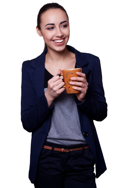 幸福微笑商务女咖啡孤立白底图片下载