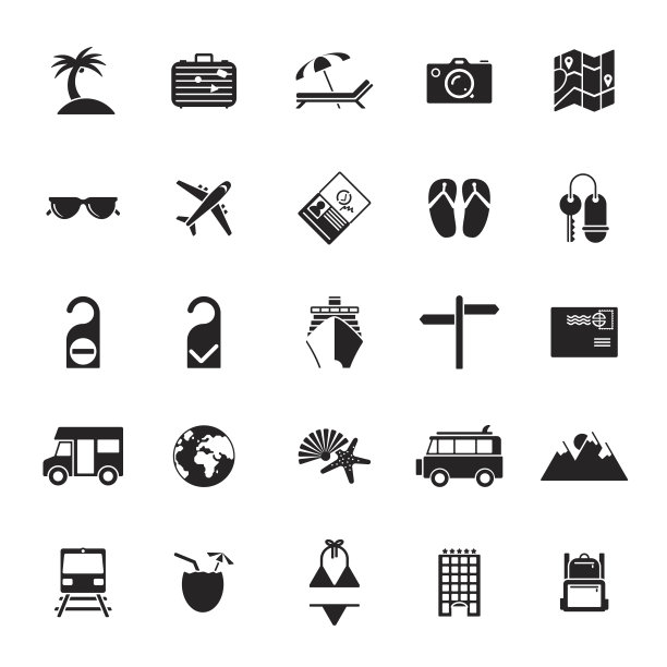 纯黑色旅行和度假图标集图片下载