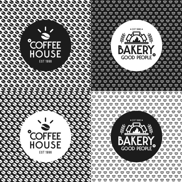 面包店和咖啡馆的无缝图案和标签图片下载