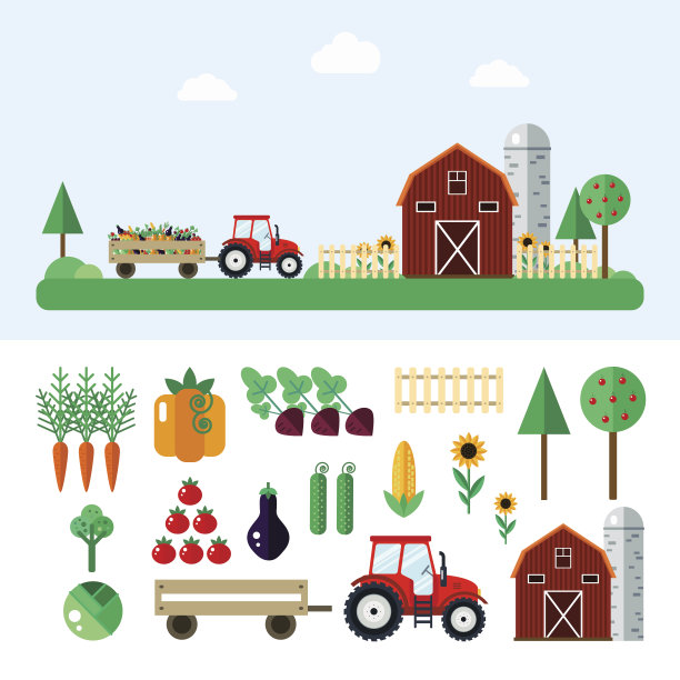 农场有拖拉机，蔬菜，谷仓，树木。图片下载