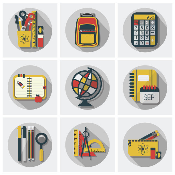 学校文具图标设置与长阴影在灰色的背景图片下载