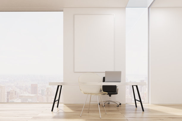 配有电脑和海报的白色办公室，阁楼图片下载
