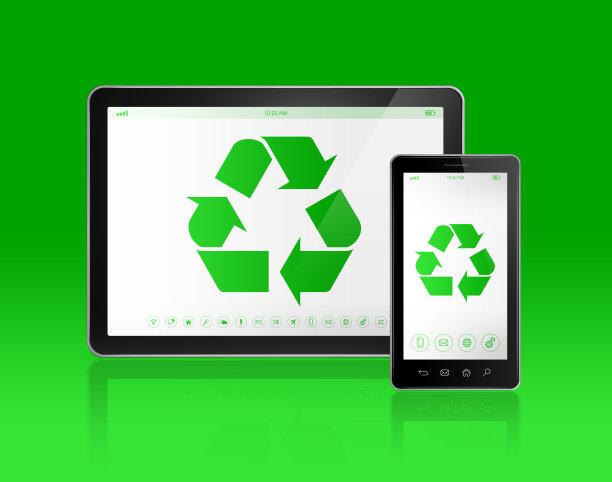 屏幕上有回收符号的数字平板电脑。生态图片下载
