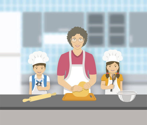 祖母和孩子们一起在厨房烘焙图片下载