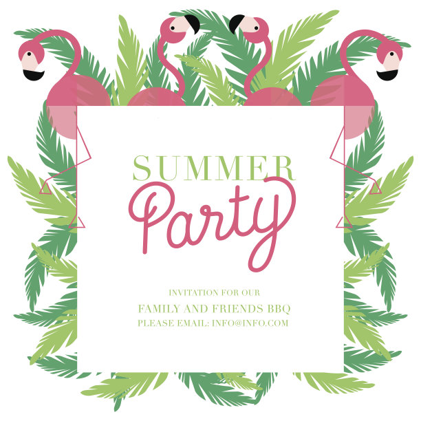 夏日派对邀请四只粉红色火烈鸟和绿叶。图片下载