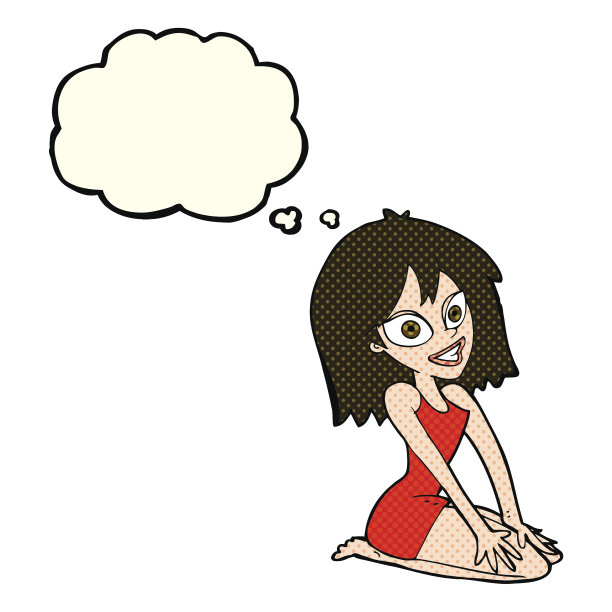卡通快乐的女人穿着带有思想泡泡的衣服图片下载