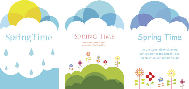 春天的时间。三张卡片，有云，有太阳，有花图片下载