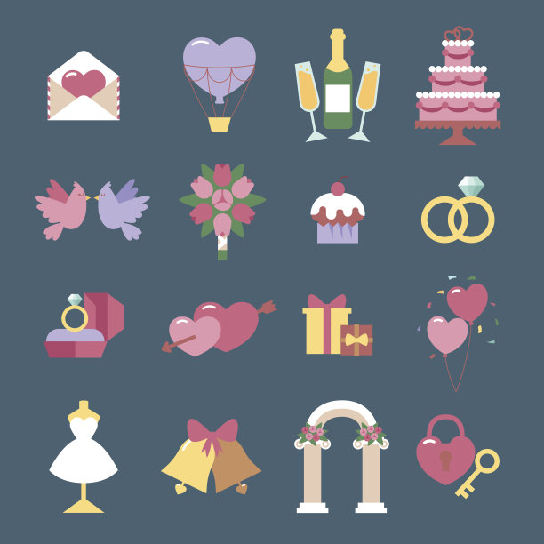 婚礼图标矢量设置孤立的蓝色背景图片下载