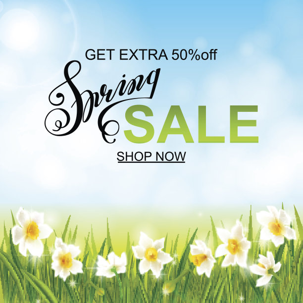 春天的背景是水仙花、绿草、燕子和蓝天图片下载