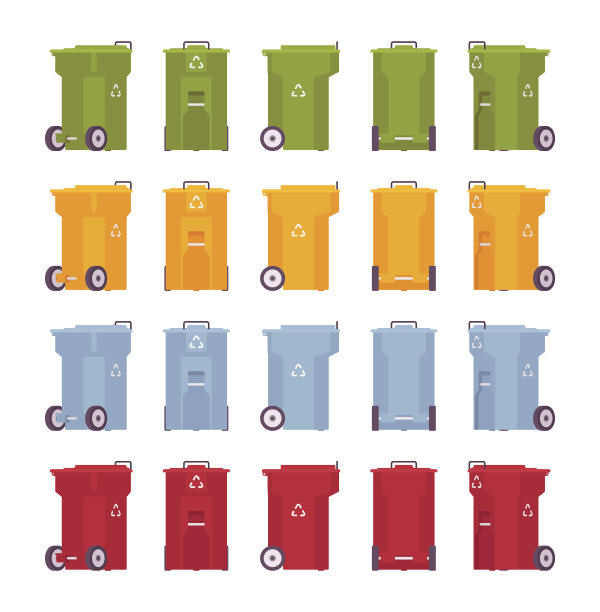 有轮子的垃圾桶，不同的颜色和位置图片下载