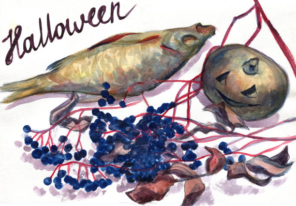 Hаlloween假期。南瓜的静物画。水彩画图片下载