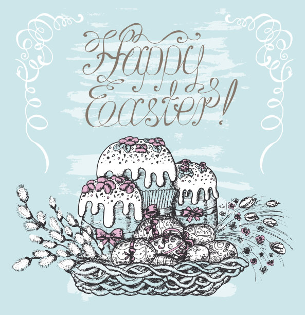蓝色背景上有蛋糕和鸡蛋的复活节卡片图片下载