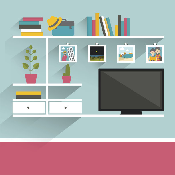 有电视和书架的客厅。图片下载