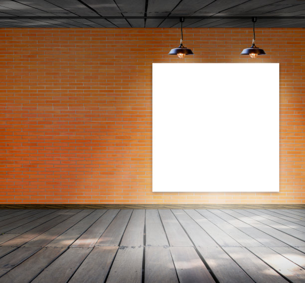 砖墙和木地板上的空白框架图片下载