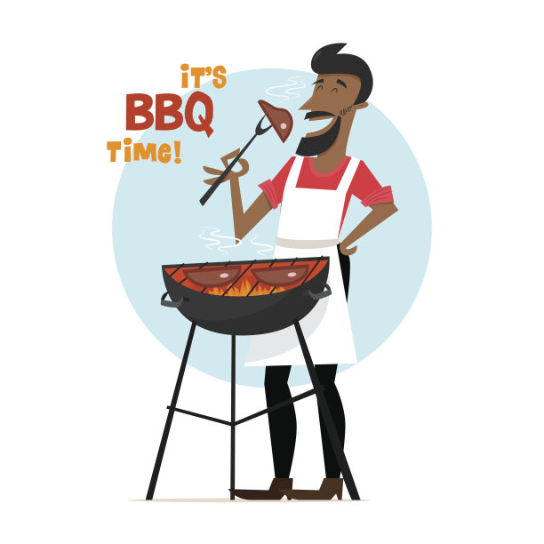 一个快乐的男人正在户外做牛排烧烤。中世纪风格的矢量字符。1950年代。图片下载