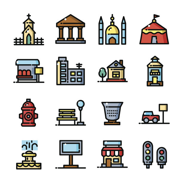 细线城市环境设置，矢量插图图片下载