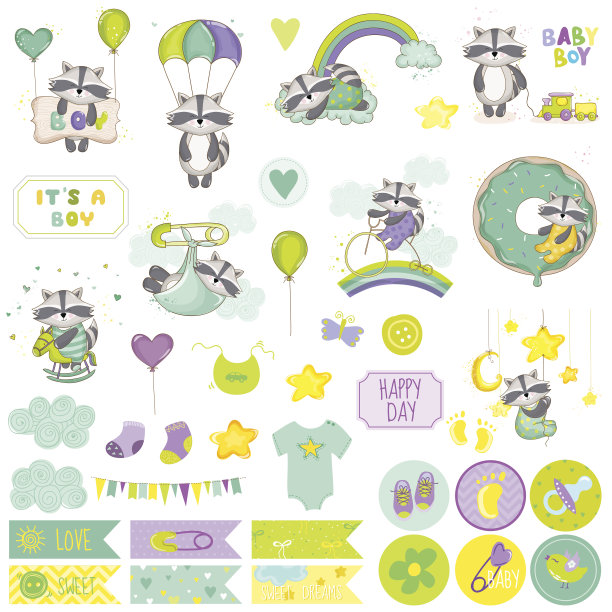 小男孩浣熊剪贴集。向量剪贴簿。装饰元素图片下载