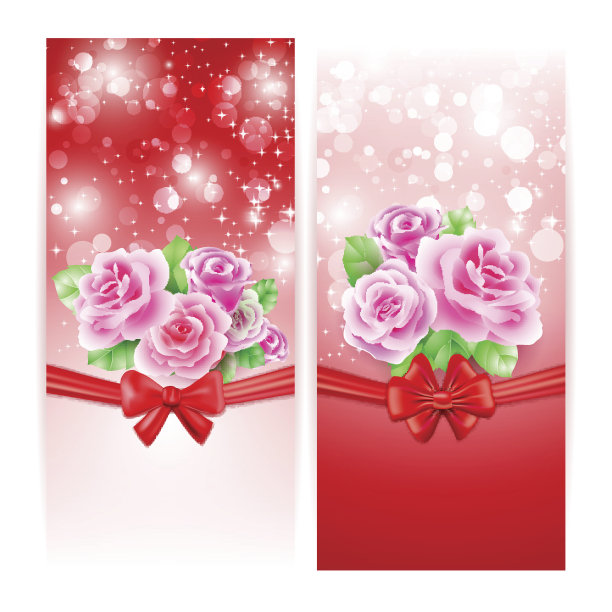 两个鲜艳的横幅，玫瑰，丝带和蝴蝶结图片下载