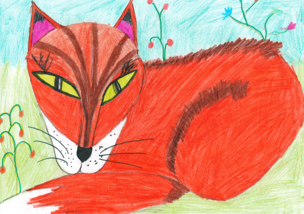 可爱的红狐狸躺在绿色的草地上。孩子的画。图片下载