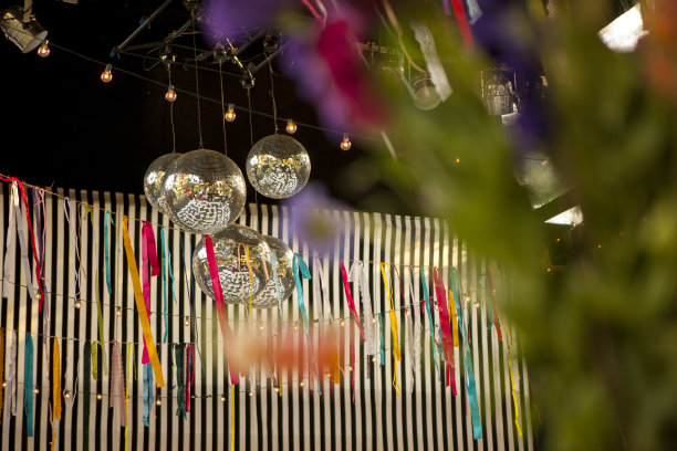 婚礼上装饰着鲜花和迪斯科球图片下载