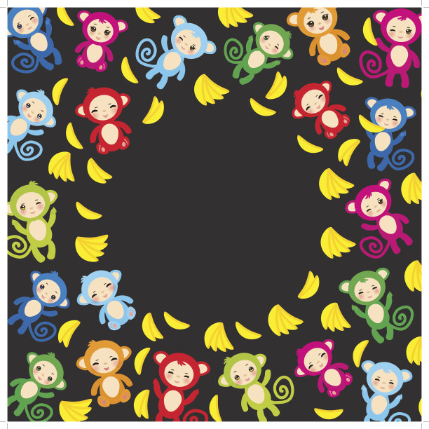 卡片模板，有趣的绿蓝粉橙猴子，黄香蕉图片下载