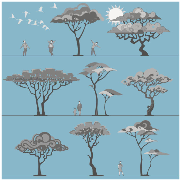 美丽的树木和人物，矢量图图片下载