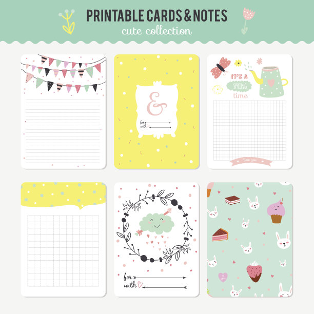 一套卡片，笔记和贴纸与可爱的插图图片下载