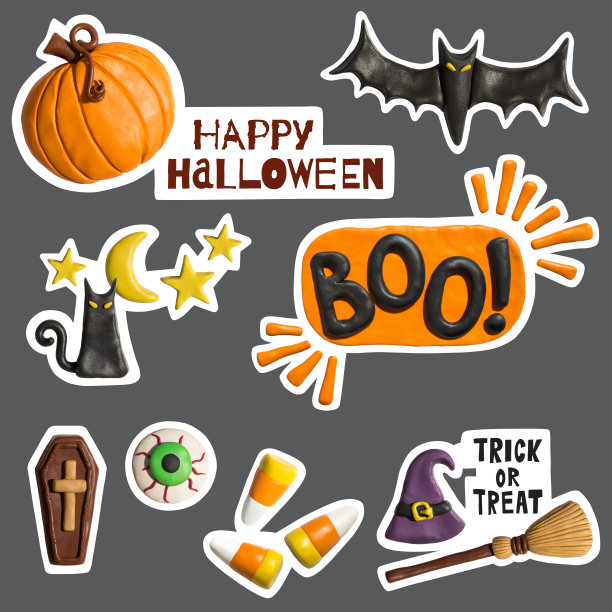 万圣节贴纸，橡皮泥手工制作的节日物品。图片下载