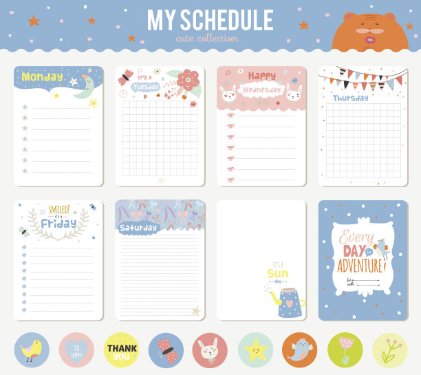 一套卡片，笔记和贴纸与可爱的插图图片下载