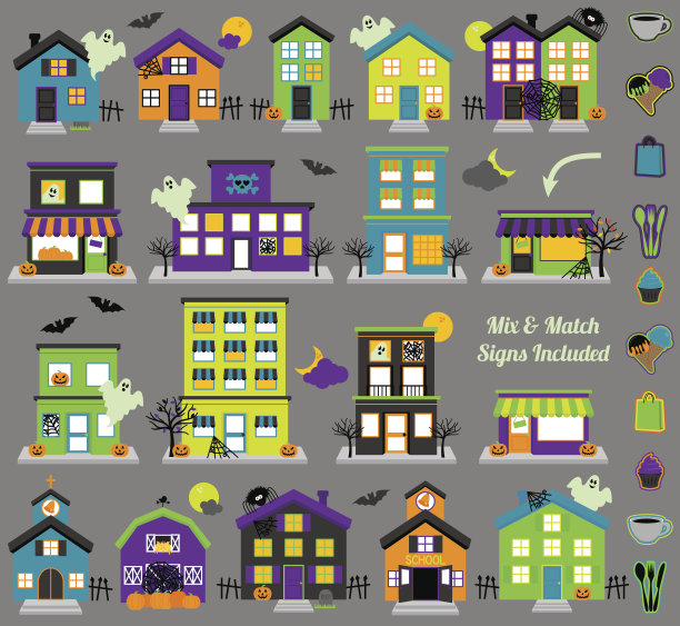 矢量万圣节镇与鬼屋和标志图片下载