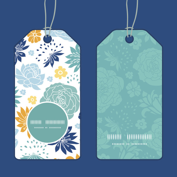 向量蓝色和黄色花朵剪影垂直圆形框架模式标签图片下载