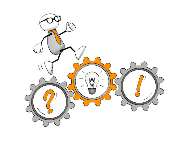 戴着眼镜的小不点男人在齿轮上运行，概念图片下载