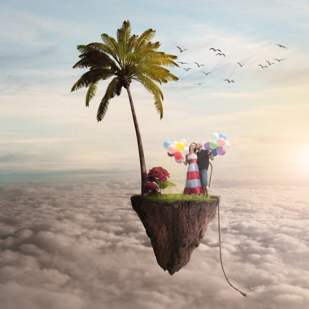 男孩和女孩在一个飞行的岛上图片下载