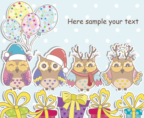 圣诞猫头鹰，礼物，圣诞袜和气球图片下载