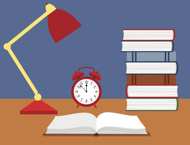 打开书，闹钟，台灯在书桌上。图片下载