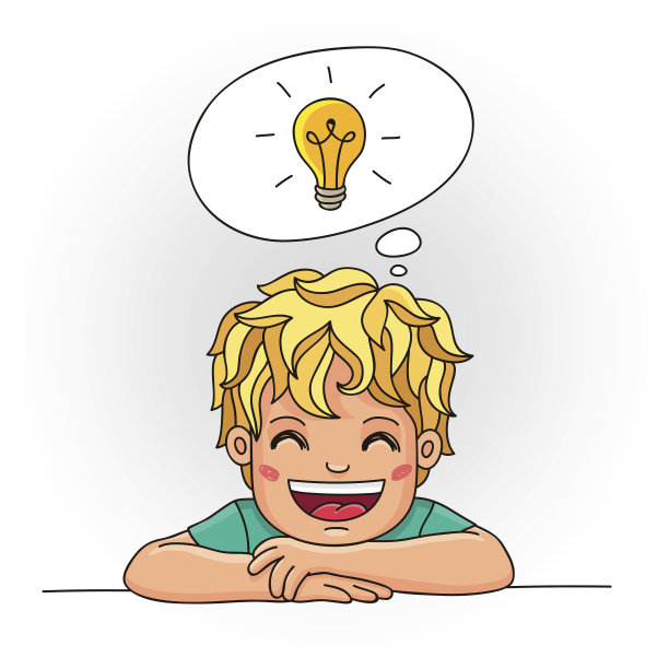 微笑的男孩，头上顶着一个灯泡图片下载