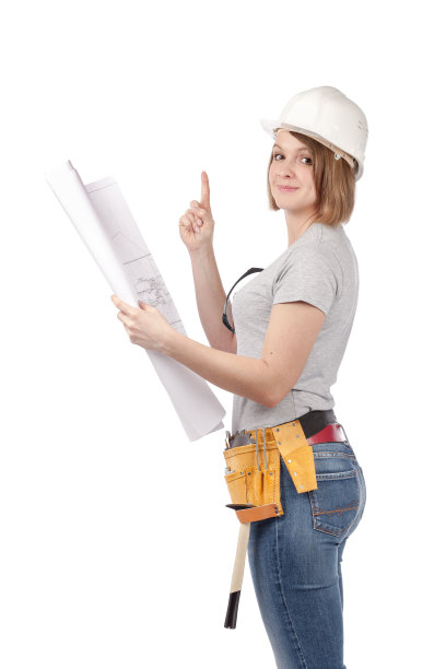 女工程师或建筑师，蓝图孤立在白色背景上图片下载