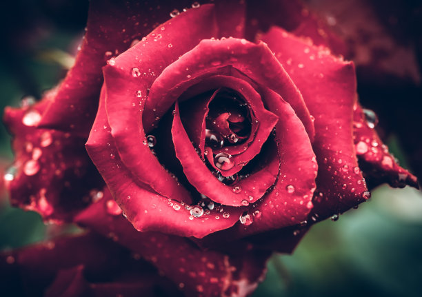 复古红玫瑰，花瓣上有水滴图片下载