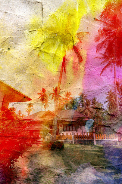 明亮的水彩景观与棕榈树图片下载