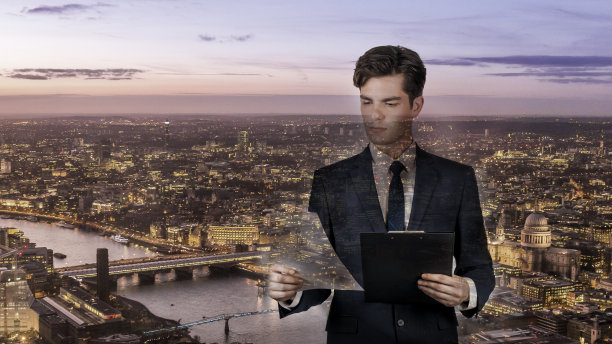 双重曝光商人和城市图片下载