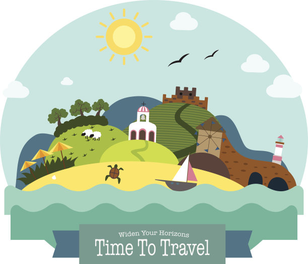 景观有海滩，山丘，教堂，磨坊，堡垒和灯塔图片下载