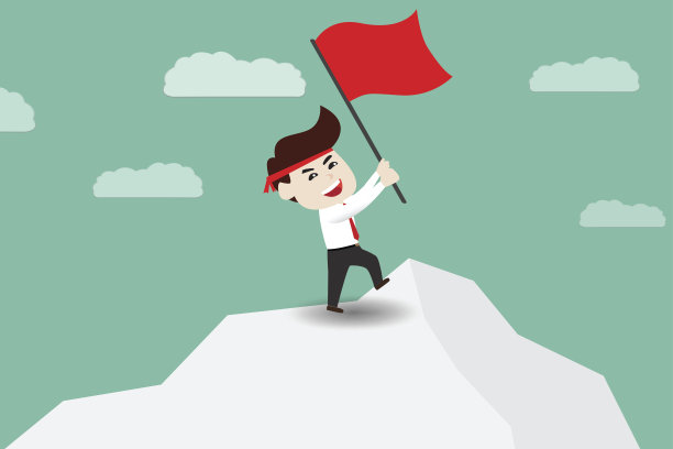 在山顶上举着红旗的商人图片下载