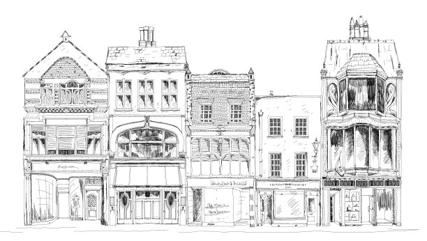 伦敦邦德街的古英国城镇住宅。素描集合图片下载