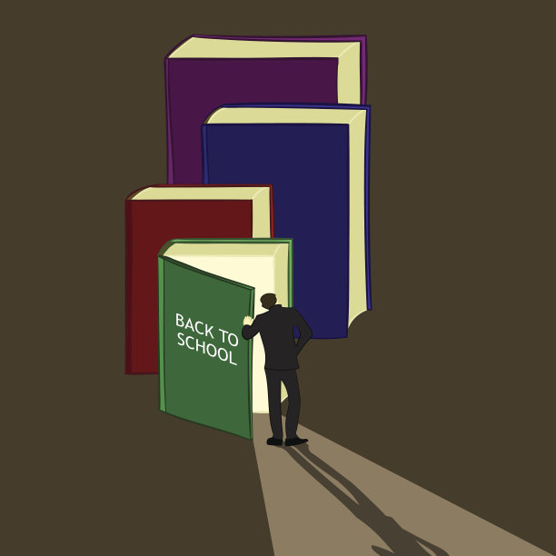 回到学校。男人打开书。光线和阴影。向量图片下载