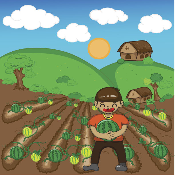 农民和西瓜收获矢量插图漫画图片下载