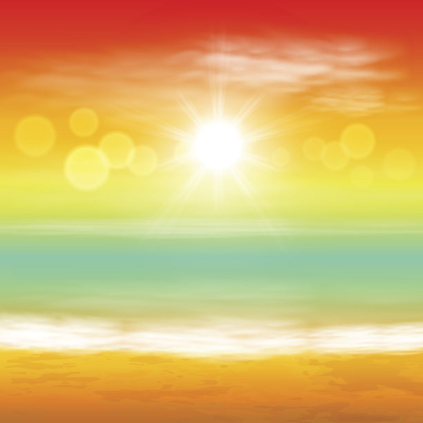 海面上夕阳伴着太阳，光线照在镜头上图片下载